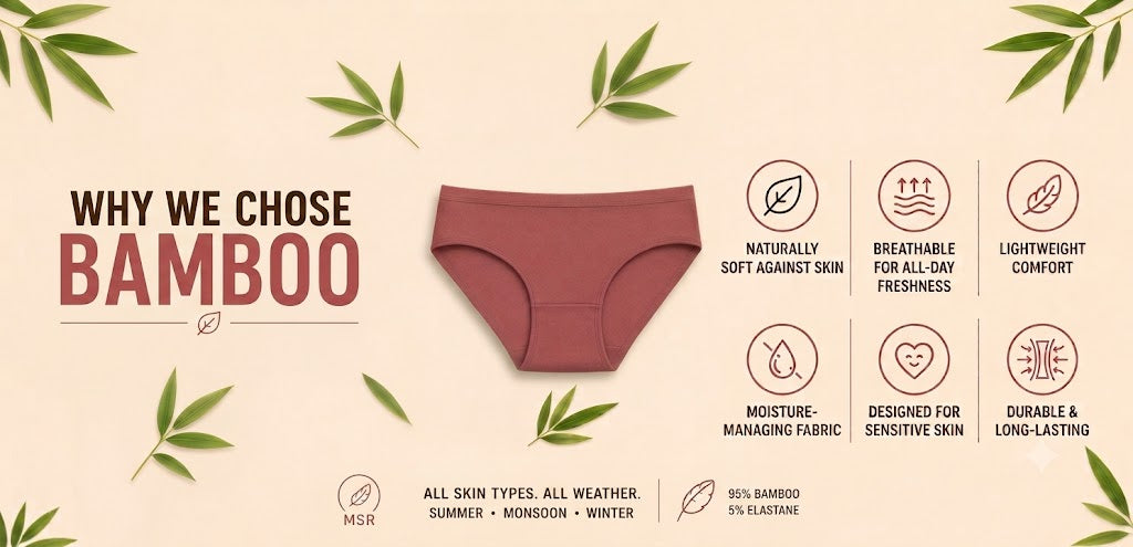 A pair of women's underwear in a muted dusty rose or mauve color, centered on a beige background with decorative bamboo leaves. Text on the left reads 'WHY WE CHOSE BAMBOO,' and the right side lists feature callouts with icons such as naturally soft against skin, breathable for all-day freshness, lightweight comfort, moisture-managing fabric, designed for sensitive skin, and durable long-lasting.